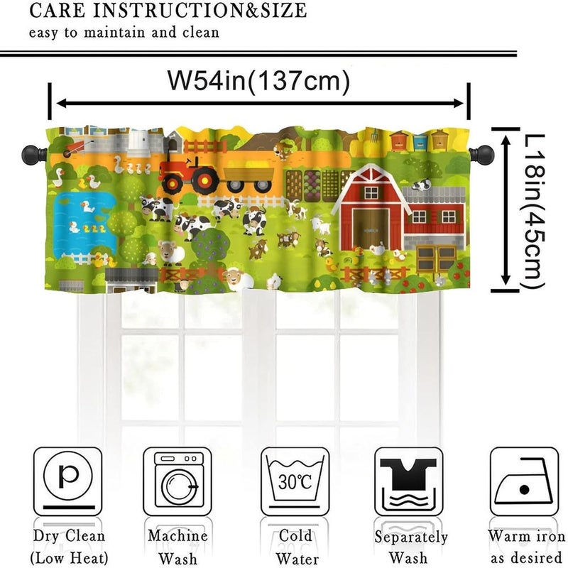 JanJCurt Cartoon Farm Animals Kids Valance, Cute Child Farmhouse Country Tractors Sheep Cow Pig Flowers Blackout Short Window Drape Curtain for Boys Girls Bedroom Living Room, 54x18inch - Image 5